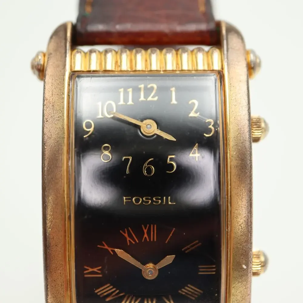Vintage Fossil Dual Time 25mm Tank Watch Gold Tone Curved Black Dial New Battery